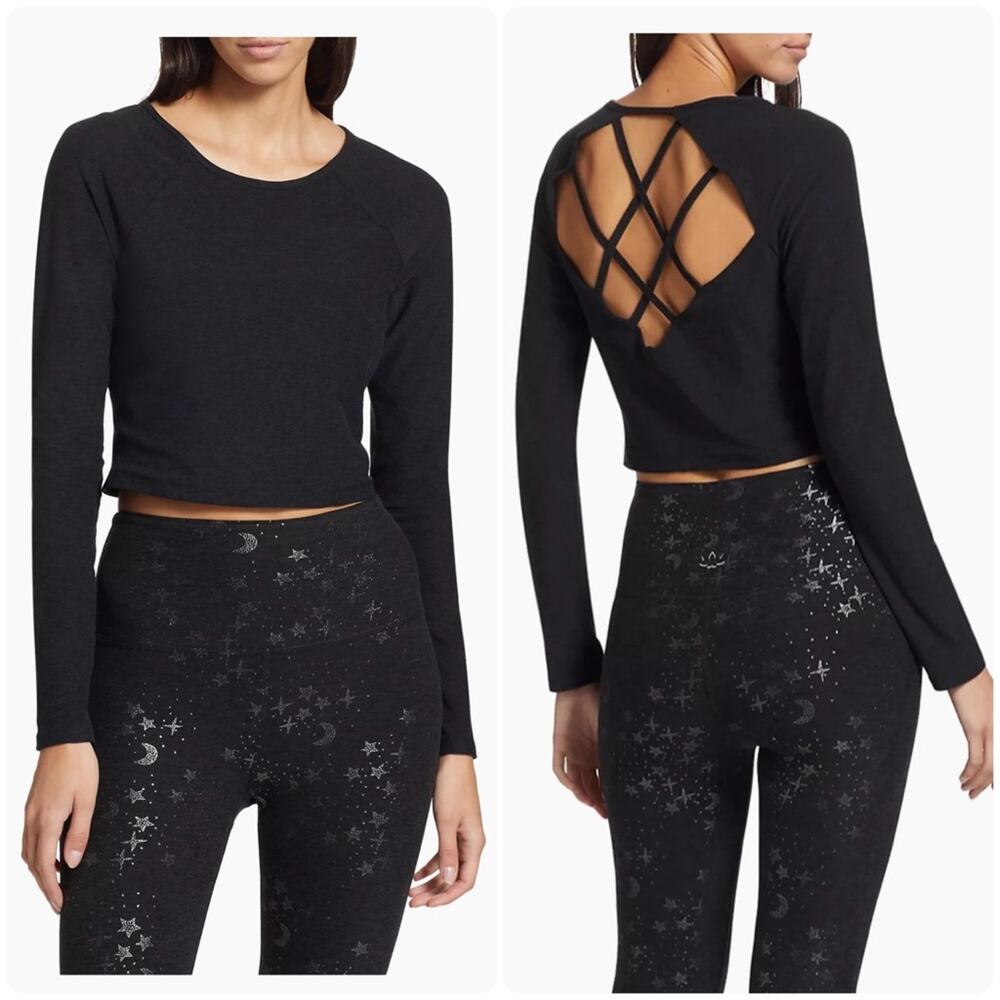 NEW Beyond Yoga Spacedye Enlighten Cropped Pullover Top Darkest Night Black